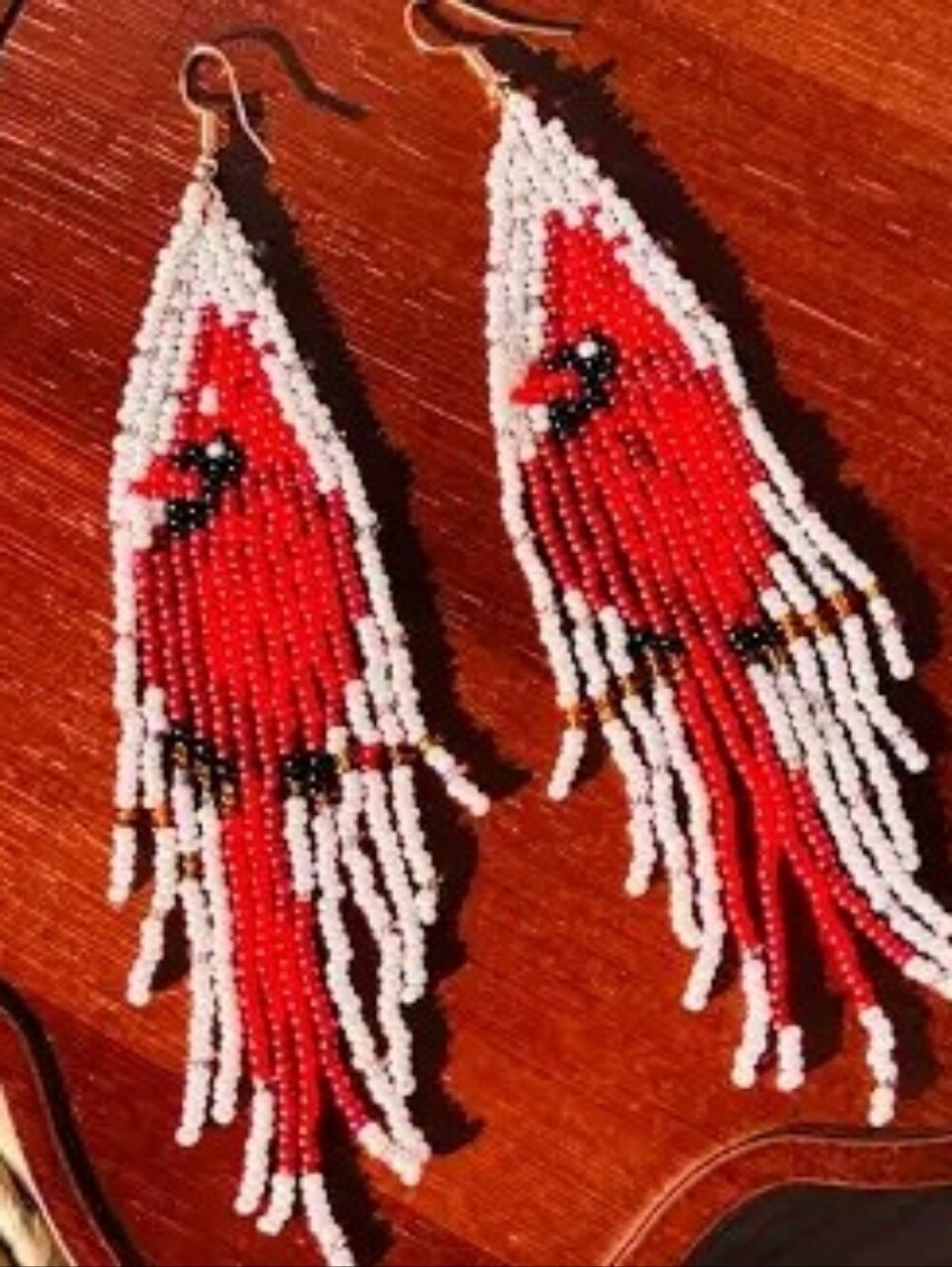 Handmade Red Cardinal Beaded Earrings - Picture 3 of 5